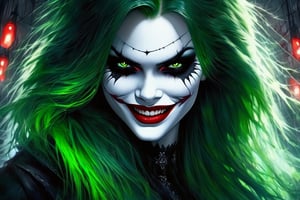 Best quality,Ultra-detailed,Realistic,Portrait,Artistic, Vibrant colors, Detailed facial features, Manic expression, Green hair, Red lipstick, Sinister smile, white face paint, eerie lights, Gothic background