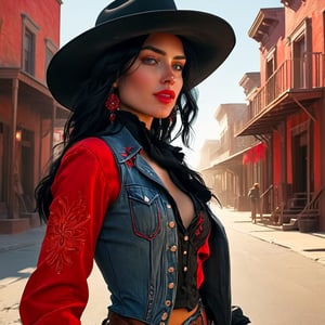 Female gunslinger in red, black cowboy attire, black hat, glancing back, cropped top, denim, strolling down dust-laden streets of Dodge City, waist-up portrait, black tresses illuminated by dim volumetric lighting, homage to Artgerm, Greg Rutkowski, and Alphonse Mucha, 8K octane rendering, post-production enhancements, exquisitely intricate details, epic composition, cinematic illumination, breathtaking surreal masterpiece