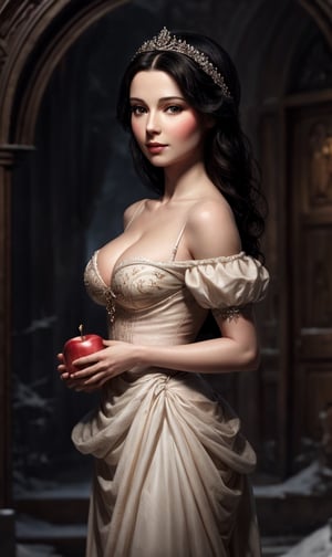 snow white and apple, intricate, medium breast, elegant, highly detailed, digital painting, artstation, concept art, smooth, sharp focus, illustration, 