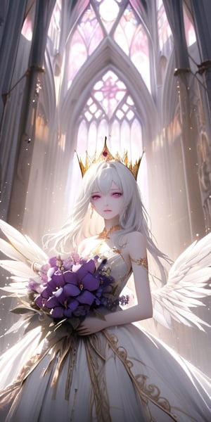 A beautiful young woman with pale skin, white hair, and striking pink eyes, adorned with a golden crown and ethereal white wings. She wears an intricate white dress with gold embellishments and purple floral accents, holding a bouquet of vibrant purple flowers. The background features a majestic ruined cathedral with soft lighting, enhancing the ethereal and otherworldly atmosphere.