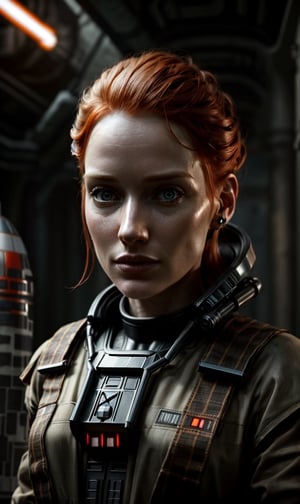 (Best Quality, hyper-realistic), photograph, (rugged ginger female) in her 30s, wearing (scifi star wars outfit), nature, moody, dark, diffused lighting, (explorer hacker), beautiful shadows, detailed, detailed background
