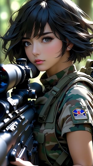 (masterpiece),(Highest quality),(High resolution),(Very detailed),One Woman,Japanese,Black Hair,Short Bob,Beautiful Eyes,Long eyelashes,Beautiful Hair,Beautiful Skin,whole body,BREAK(((aim at something with a sniper rifle))),((Close one eye and look through the scope))(Lying down),((Sniper Rifle)),Army Camouflage Uniform,Bulletproof vest, Combat Boots, Tactical Forster,Tactical Headset,(The background is a dense forest),(((Background Blur)))