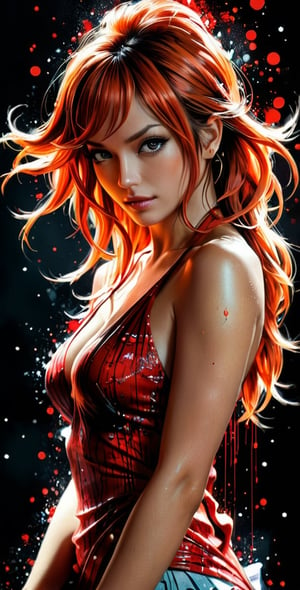 Ultra realistic poster featuring Nami from One Piece enveloped by a red matrix backdrop, inspired by the artistic styles of Daniel Castan, Carne Griffiths, Andreas Lie, Russ Mills, and Leonid Afremov, set against a dark background, infused with a cinematic quality, high detail, digital painting.
