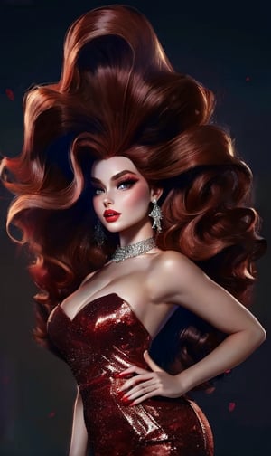 (((Ultra detailed, beautiful face, Megapixel))) Capture an alluring and visually striking photo realistic image of a model portraying the elegant Disney princess Merida dressed as the iconic cartoon character Jessica Rabbit. The model possesses delicate (hazel) eyes that emanate both intelligence and sensuality. Her hair, styled in voluminous waves cascading over one shoulder, maintains its (chestnut brown) color, paying homage to Jessica Rabbit's glamorous hairstyle. She wears a form-fitting, strapless gown made of shimmering red satin, showcasing her curves with grace and allure. The gown is adorned with intricate beading and sequins, adding a touch of glamour and opulence. Against a blank black background, the focus is solely on the model's captivating features and the striking contrast between the red fabric and her luminous skin. With your camera, a high-end mirrorless camera paired with a prime lens, you will capture the enchanting fusion of Merida and Jessica Rabbit, creating a visually captivating and seductive image
,inboxDollPlaySetQuiron style