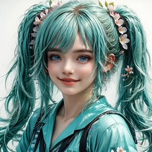 hatune miku, aqua hair, twin tails, ((ultra-detailed)), ((illustration)), ((disheveled hair)), (beautiful detailed eyes), beautiful, amazing, detailed eyes, smile, waving, ((in spring, cherry blosssom)), isometric, Character sheet, clothes sheet, , 