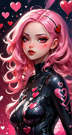 The image provided is a digital illustration of a female character. The character's features are exaggerated and stylized, with prominent pink hair, dark eye makeup, and a contemplative expression. She wears a bodysuit adorned with hearts and the number 9, which could suggest a theme or identity related to the character. The colors used in the illustration are muted yet vibrant, with the pink elements standing out against the softer background. There is no additional context provided within the image itself.