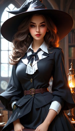 rugged girl witch wearing a magic school uniform, large wide-brimmed witch hat, cinematic, elaborate, elegant, masterpiece, illustration, digital painting, concept art, trending on artstation, pixiv,