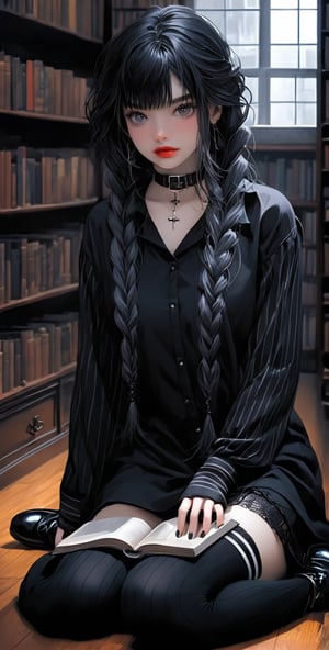 1girl, solo, long hair, (((looking at viewer, shirt, black hair, thighhighs, long sleeves, sitting, closed mouth, collarbone, braid, boots, choker, striped, black thighhighs, indoors, black footwear, twin braids, collar, lips, parted bangs, grey eyes, book, black shirt, wariza, striped thighhighs, between legs, realistic, on floor, arm warmers, bookshelf, shop, gothic, striped sleeves)))