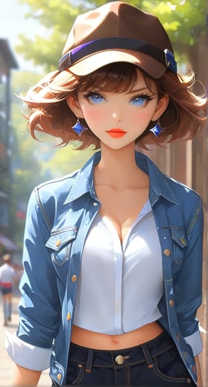 1girl, solo, (((breasts, looking at viewer, short hair, bangs, brown hair, shirt, long sleeves, hat, brown eyes, standing, jacket, cowboy shot, outdoors, open clothes, shorts, day, pants, blurry, lips, black shirt, blurry background, white jacket, denim, blue headwear, jeans,)))