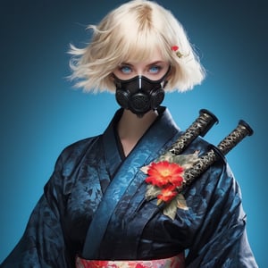 1girl, solo, looking at viewer,((( short hair, bangs, blue eyes, blonde hair, hair ornament, holding, collarbone, upper body, weapon, flower, japanese clothes, sword, hair flower, kimono, holding weapon, sash, eyelashes, tattoo, mask, holding sword, obi, floral print, katana, sheath, skull, black kimono, over shoulder, weapon over shoulder, gas mask))))
