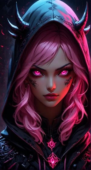 The image depicts a stylized character with a distinct artistic flair. The subject's face is adorned with pink eyes that have a supernatural glow, and the skin is decorated with various tattoos that add to the edgy aesthetic. The hooded garment suggests a sense of mystery or anonymity, while the pastel colors used throughout the image contribute to its dreamlike quality. There is no indication of gender or race, as the focus is on the artistic style rather than personal characteristics. The overall impression is one of a creative and imaginative representation, likely intended for artistic expression rather than realistic portrayal.