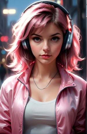 a woman wearing headphones and a pink jacket, a photorealistic painting by Alexander Kucharsky, cgsociety, photorealism, ilya kuvshinov, daz3d, photorealistic
