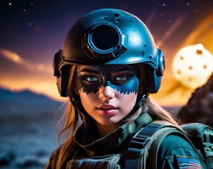 Junior officer, girl army soldier scouting alone (headshot bullet hole midnight Camo Face Paint) though a alien planet looking for targets of opportunity. High resolution, nighttime shot, epic pic