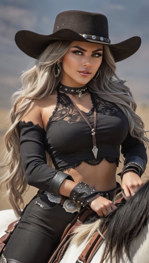 (Western villain Cowgirl), (Female), (Fantasy western Setting), | (Cowgirl riding a horse), | (FULL BODY Generation!!!), | (Insane clothing details), (Western Cowgirl Outfit), (aesthetic style), (Clothing show skin), (Choker), (Pistol on hip), (Western boots), (Earings), | (Long beautiful hair), (Interesting hair style), (Beautiful Face), (shiny Eyes), (Light skin), (Angry face expression), | (Kynetic body parts), (body in motion), (realistic face), (realistic limbs), (Proportionate body), (Human Anatomy), (aesthetic body), | (Complex Background), (High Resolution Image), (Cinematic), (stunning visual masterpiece!), (professional composition),

