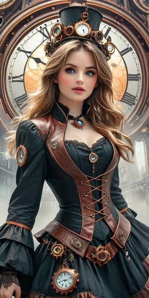 high quality, 8K Ultra HD, high detailed, Steampunk Time Voyager, Watercolor, wash technique, colorful, blurry, smudge outline, like a fairy tale, The protagonist, a courageous young beautiful woman adorned in a blend of vintage and futuristic attire, Embark on a thrilling journey through time in a steampunk-infused world, where past and future intertwine in perfect unison, This intricate digital art piece captures the essence of a daring time voyager exploring a Victorian-era metropolis with a steampunk twist, stands atop a colossal clock tower adorned with ornate cogs and gears, propelled by precise mechanical propellers, The city's architecture harmoniously blends classic Victorian elegance with intricate steampunk machinery, resulting in a visually captivating juxtaposition, awesome full color,
