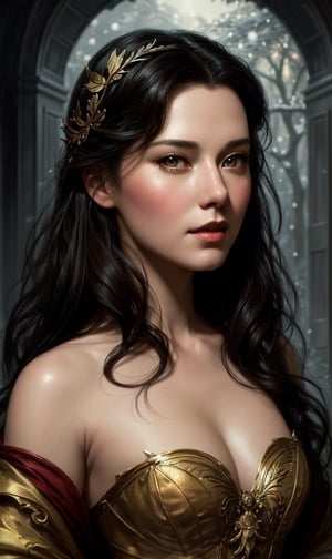 portrait of disney snow white, intricate, elegant, highly detailed, my rendition, digital painting, artstation, concept art, smooth, sharp focus, illustration, art by artgerm and greg rutkowski and alphonse mucha and uang guangjian and gil elvgren and sachin teng, symmetry!!