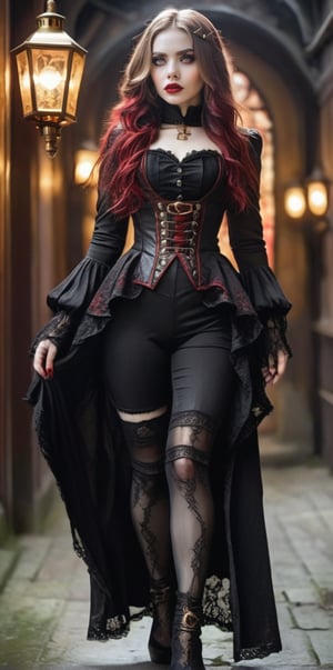 An enigmatic woman with pale skin and red-lipped anime eyes, dressed in a Gothic-inspired outfit with lace and leather details. She wears her long hair in a crimped style, held by a delicate gold clip, and carries a steampunk-inspired lantern,Gothic-chic style