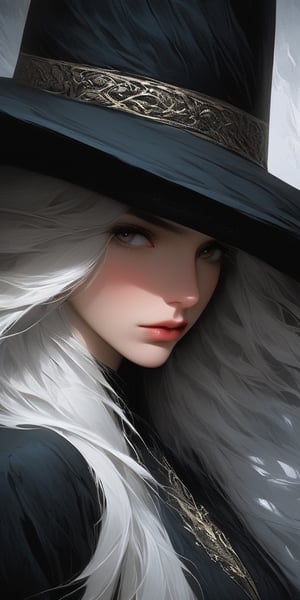 a woman with long white hair and a black hat, great digital art with details, neoartcore and charlie bowater, gorgeous digital art, exquisite digital illustration, stunning digital illustration, beautiful digital illustration, detailed matte fantasy portrait, beautiful fantasy art portrait, 8k high quality detailed art, trending digital fantasy art, in the art style of bowater, beautiful digital artwork