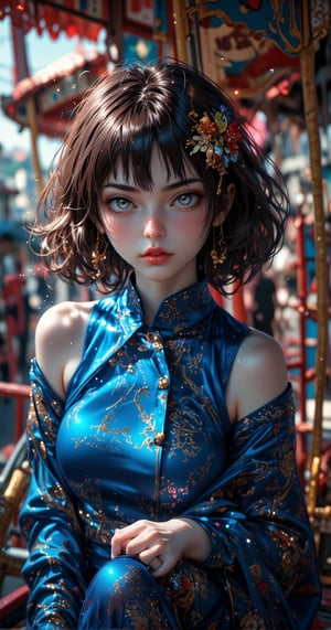 woman,Japanese,Blue Shirt,No sleeve,Realistic details, High resolution,Bokeh,Excellent details 、Being in an amusement park、24歳woman、Sexy proportions、Sexy、Narrow waist、Headpiece((hair ornament))、Cinematic light effects、Sparkle Effect((cinematic lighting, sparkle, 8K))、Anatomically correct((anatomically correct))、Ultra high definition((uhd))、Textured skin((textured skin))、Very detailed((super detail))、High detail((high details),Anime Style,Midjourney_Whisper