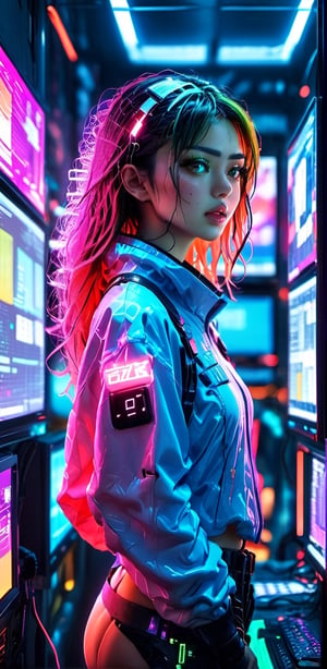 gritty raw street photography,(an arrogant japanese 21 year old woman hacker), surrounded by large computer monitors,body illuminated by florescent light,soft neon backlighing, visible detailed skin, realistic skin texture,extremely detailed,(hyper realistic:1.2),(best quality:1.5),(best image:1.5),(film grain:1.1),(bokeh effect:1.1),(deep focus),(depth of field),(eye catchlights:1.1)