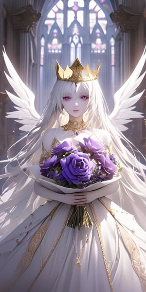 A beautiful young woman with pale skin, white hair, and striking pink eyes, adorned with a golden crown and ethereal white wings. She wears an intricate white dress with gold embellishments and purple floral accents, holding a bouquet of vibrant purple flowers. The background features a majestic ruined cathedral with soft lighting, enhancing the ethereal and otherworldly atmosphere.