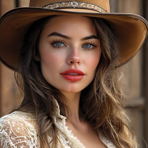 Old West 1887, Breathtaking Beauty, center of photo, woman (((sexy lips, cowgirl hat)))  looking at camera, delicate face, intense expression, perfect eyes, perfect mouth, perfect nose, delicate lace, 16k, sharp focus, 4 k resolution blade runner, stunning, breathtaking beauty, pure perfection, divine presence, unforgettable, impressive, breathtaking beauty