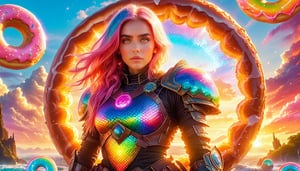 Cinematic still of a beautiful sexy woman  with rainbow-colored hair and a beard, wearing a suit of glowing bubble wrap armor in the style of the Warcraft movie, standing on a floating island made of giant donuts at sunset, symmetrical composition, in the style of James Cameron, Photorealistic movie