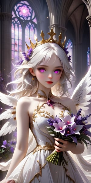 A beautiful young woman with pale skin, white hair, and striking pink eyes, adorned with a golden crown and ethereal white wings. She wears an intricate white dress with gold embellishments and purple floral accents, holding a bouquet of vibrant purple flowers. The background features a majestic ruined cathedral with soft lighting, enhancing the ethereal and otherworldly atmosphere.