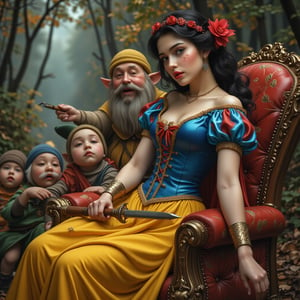 Pin up version of Snow White warrior and the seven dwarfs painted in the style of Olivia De Berardinis,ek_ph0t0_b00ster,ek_an1_b00ster