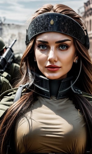 create a photo whit powerfull camera, the one stuning woman  in the middle of the ukranie war
