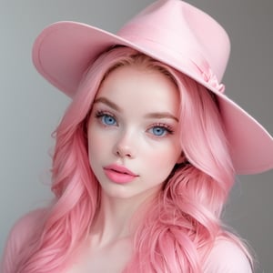 there is a woman with a pink hat on her head, smooth pink skin, pale fair skin!!, pink face, glowing pink face, pink girl, pink skin, some pink, amouranth, covered in pink flesh, belle delphine, pink lips, angelawhite, very pale white skin, very very pale white skin, long pointy pink nose