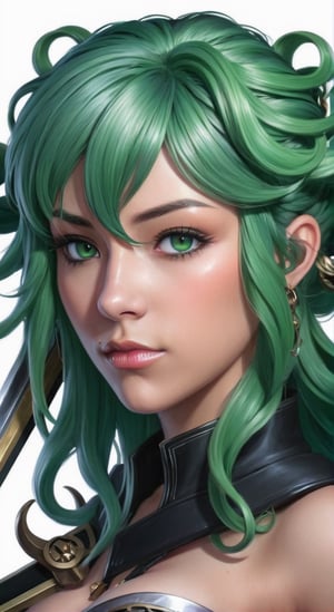 ((best quality)), ((masterpiece)), (detailed), woman with green hair, holding a sword, (Artgerm inspired:1.2), (pixiv contest winner:1.1), (octopus goddess:1.3), (Berserk art style:1.2), close-up portrait, goddess skull, (Senna from League of Legends:1.1), (Tatsumaki with green curly hair:1.2), card game illustration, thick brush, HD anime wallpaper, (Akali from League of Legends:1.1), 8k resolution 