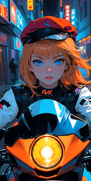 roxy,orange hair,blue eyes,long hair,white crop top,single elbow glove,collar,short red shorts, peaked cap, upper body,looking at viewer driving a motocicle, night,neon lights, streets, (insanely detailed, masterpiece, best quality),solo,