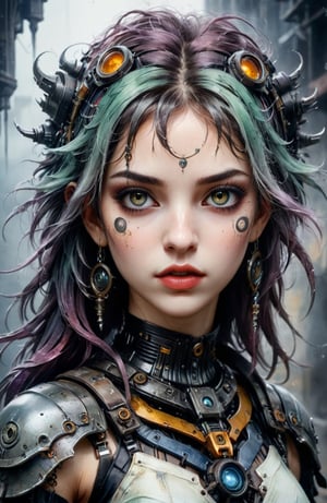 decaying female , covered mouth and nose, eldritch horror, demonic, dystopian, Heterochromia eyes, (((biomechanical))), maximalist mannerism, magical, rough shading, watercolor painting style, stylize 1000, line art, watercolor wash, textured skin, mechanical, anime style, punk hair, perfects eyes, Gritty Realism, dirt, dark, mist, masterpiece, detailed hair, perfect face, perfect eyes, glowing eyes, ornaments, hyperdetailed, big reflective eyes, metallic skin, wired, sinful eyes, 8k, big tits, skirt
,cyberpunk style,cyborg style