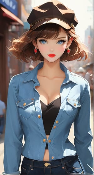 1girl, solo, (((breasts, looking at viewer, short hair, bangs, brown hair, shirt, long sleeves, hat, brown eyes, standing, jacket, cowboy shot, outdoors, open clothes, shorts, day, pants, blurry, lips, black shirt, blurry background, white jacket, denim, blue headwear, jeans,)))