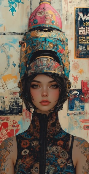 drawing with a multi-colored hat, in the style of gloomy metropolises, pop culture mash-up, intricate illustrations, industrial forms, bold character designs, poster art, ray tracing,illustr3alFlux,ILLUSTRANIME,REALNIME