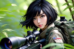 (masterpiece),(Highest quality),(High resolution),(Very detailed),One Woman,Japanese,Black Hair,Short Bob,Beautiful Eyes,Long eyelashes,Beautiful Hair,Beautiful Skin,whole body,BREAK(((aim at something with a sniper rifle))),((Close one eye and look through the scope))(Lying down),((Sniper Rifle)),Army Camouflage Uniform,Bulletproof vest, Combat Boots, Tactical Forster,Tactical Headset,(The background is a dense forest),(((Background Blur)))