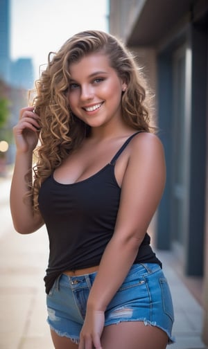 The image features a happy young beautiful woman standing on a sidewalk, smiling, beautiful long and curly hair, wearing a tank top and blue jean shorts. She is posing for the camera and appears to be confident and attractive. The woman has a curvy figure, which is accentuated by her clothing. She is holding a cell phone in her hand The setting is a city sidewalk, with a building in the background, adding to the urban atmosphere of the scene, portrait photography, dynamic composition, masterpiece, highly detail. 35mm photograph, film, bokeh, professional, 4k, highly detailed.

