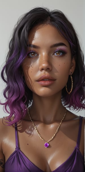 1girl, solo, breasts, looking at viewer, bangs, black hair, dress, cleavage, bare shoulders, brown eyes, jewelry, medium breasts, collarbone, upper body, purple hair, multicolored hair, earrings, parted lips, sleeveless, dark skin, medium hair, necklace, mole, two-tone hair, dark-skinned female, lips, eyelashes, mole under eye, tattoo, gradient hair, makeup, sleeveless dress, piercing, ear piercing, purple dress, freckles, realistic, nose, arm tattoo, mascara,dal-1,3D