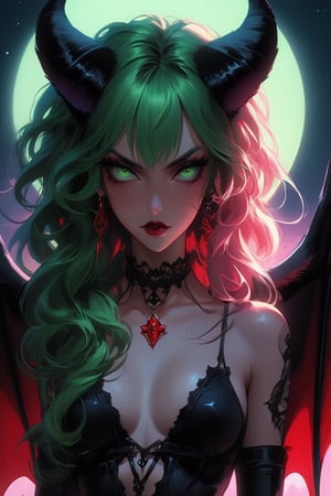 (best quality, masterpiece, colorful, dynamic angle, highest detailed)upper body photo, fashion photography of cute succubus girl, gothic, large demon red wings (high resolution textures), long green hair, (abstract art), half demon, crimson cat iris, cat eyes, vampire very long fangs, (intricate details, hyperdetailed:1.15), detailed, moonlight passing through hair, (official art, extreme detailed, highest detailed), real,art_booster
