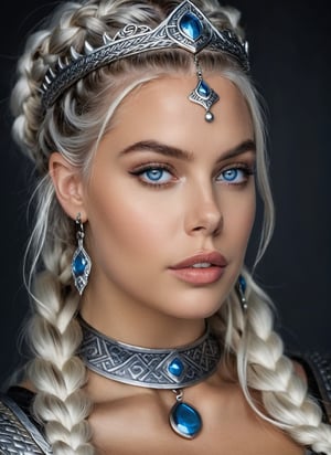 (masterpiece:1.2), (best quality:1.1), detailed, (high quality, highres:1.1), absurdres, HDR, 8k uhd, (close up:1.2), (realistic:1.1), portrait, photorealistic, viking braid, (iron crown:1.1), royal clothes, (viking jewelry:1.2), viking queen, proud look, (platinum hair:1.2), (blue eyes:1.1), royal clothes, (viking jewelry:1.2), dark theme, fcPortrait, (tribal neck tattoo:1.2),