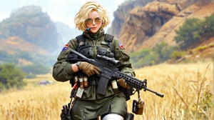 1girl, best quality, uniform, microphone, assault rifle, thigh holster, military uniform, weapon, skirt, glasses, gloves, animal, pug, krag jorgensen, m1911, dog, first aid kit, pantyhose, snake, long sleeves, fn fal, green skirt, military, m60, rifle, bandages, long hair, blonde hair, military operator, load bearing vest, handgun, watch, machine gun, solo, holster, short hair, bandage over one eye, headset, gun, green eyes, masterpiece, newest, absurdres, safe