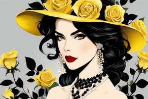 1girl, hat, solo, black flower, yellow eyes, sun hat, breasts, jewelry, black rose, flower, necklace, dress, black hair, looking at viewer, cleavage, black headwear, makeup, grey background, pale skin, red lips, lipstick, short hair, simple background, earrings, pearl necklace, medium breasts, mature female, upper body, rose realistic image
