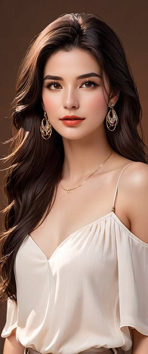 1girl, solo, long hair, looking at viewer, simple background, brown hair, black hair, bare shoulders, brown eyes, jewelry, upper body, earrings, pants, artist name, lips, makeup, half-closed eyes, ring, brown background, hoop earrings