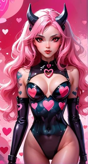 The image provided is a digital illustration of a female character. The character's features are exaggerated and stylized, with prominent pink hair, dark eye makeup, and a contemplative expression. She wears a bodysuit adorned with hearts and the number 9, which could suggest a theme or identity related to the character. The colors used in the illustration are muted yet vibrant, with the pink elements standing out against the softer background. There is no additional context provided within the image itself.