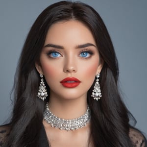 8k, solo, 1girl, solo, black hair, makeup, earrings, mole under eye, blush, jewelry, long hair, lipstick, red lips, eyeshadow, looking at viewer, colored skin, portrait, realistic, blue eyes,















