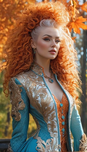 Half-body portrait of an Autumn Enchantress, perched on a biomechanical exoskeleton, suggestive of 3D print techniques, draped in a dress that mirrors the intricate weave of gossamer and autumn leaves, adorned with a celestial-themed ornate jacket embellished with gold buttons, her asymmetrically colored hair in hues of orange, white and turquoise, embracing an array of oversized sunglasses and whimsically curled strands, amidst a game of wolf-themed chess pieces, direct gaze engaging