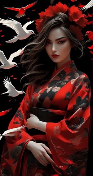 a red female character wearing a kimono in front of black birds, in the style of gothic realism, andreas rocha, chen zhen, clamp, mysterious figures, anime aesthetic, elaborate costumes