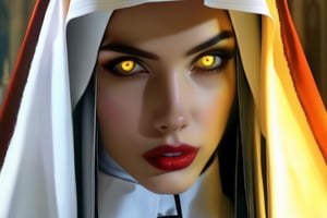 realistic, nun, lips, looking at viewer, 1girl, solo, yellow eyes, reflection, horror \(theme\), demonic nun\(Valack\),NUN\(movie\)
