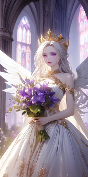 A beautiful young woman with pale skin, white hair, and striking pink eyes, adorned with a golden crown and ethereal white wings. She wears an intricate white dress with gold embellishments and purple floral accents, holding a bouquet of vibrant purple flowers. The background features a majestic ruined cathedral with soft lighting, enhancing the ethereal and otherworldly atmosphere.